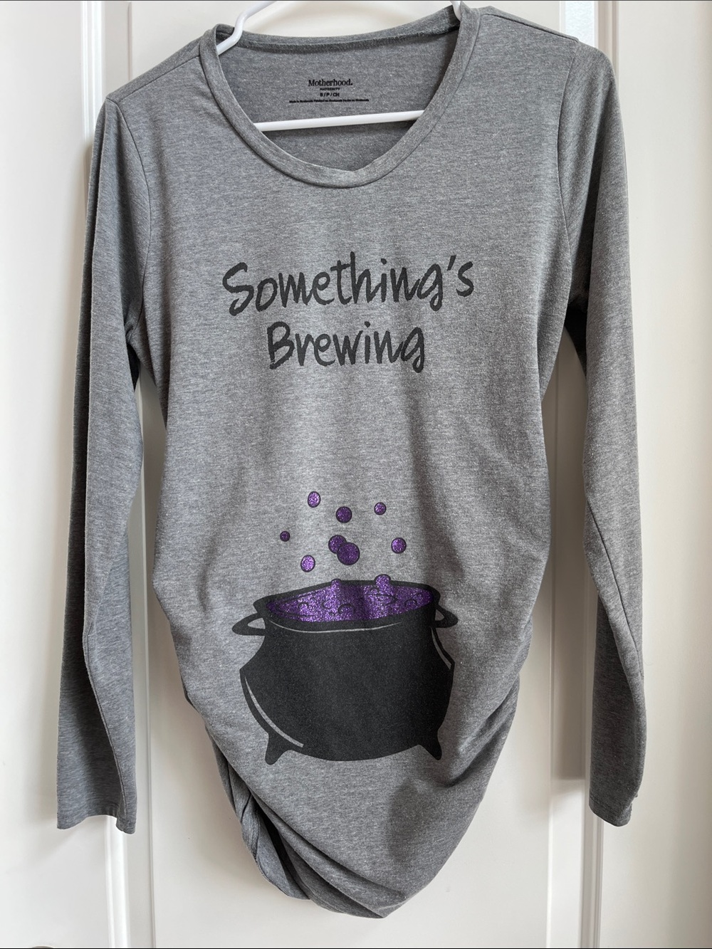 Motherhood Grey Long Sleeve Maternity Tee with Purple Cauldron Graphic Sz S